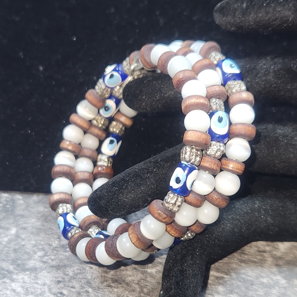 Evil Eye Wood Bead Wrap Bracelet Triple‎ Strand Boho Protection Charm Blue White